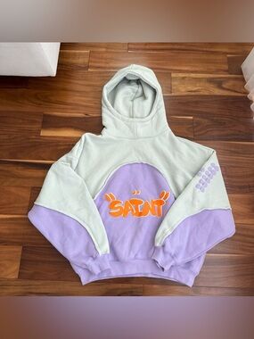 Doncare SAINT Patchwork Purple & Gray Pullover Foam Print Sweatshirt Hoodie